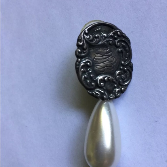 Vintage 1930’s Sterling Silver Repoussé Scroll Drop Earrings Faux Pearl Teardrop - Picture 6 of 8